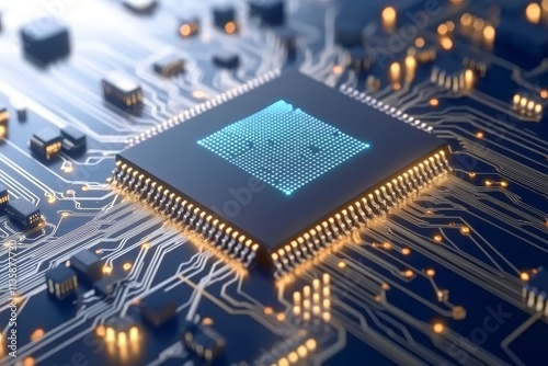 Close-Up of a Microprocessor Chip on a Circuit Board with Glowing LED Lights in a High-Tech Digital Environment, Symbolizing Advanced Technology and Innovation photo