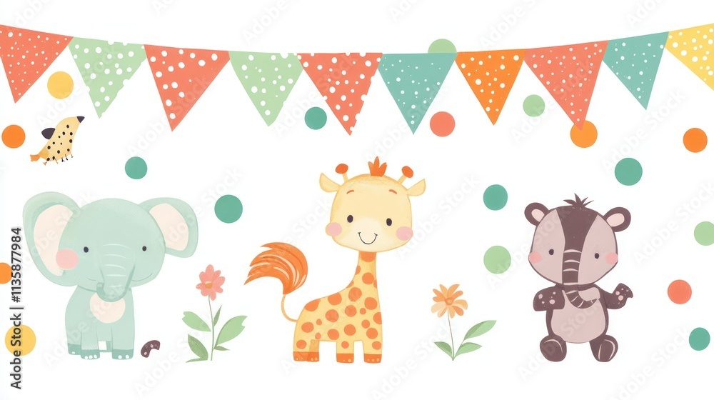Obraz premium Three Cartoon Animals with a Banner of Flags and Polka Dotted Circles