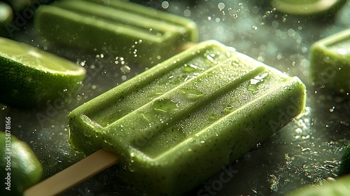 A macro shot of avocado lime popsicles, highlighting their creamy, smooth texture and flecks of lime zest, condensation droplets forming under soft sunlight, vibrant green tones popping vividly, photo