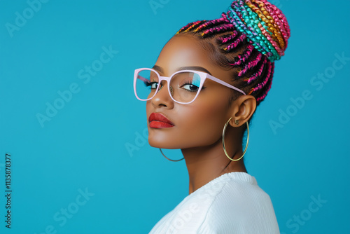 Vibrant Portrait of Fashionable Woman with Colorful Braids and Stylish Glasses photo