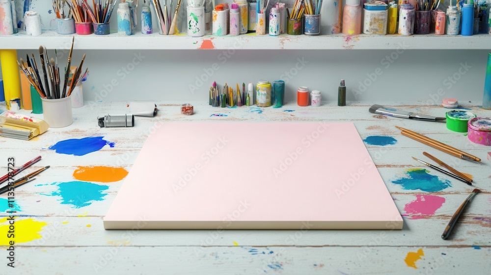 A creative workspace covered in art supplies, half-finished projects, paint splatters A creative workspace covered in art supplies, half-finished projects, paint splatters