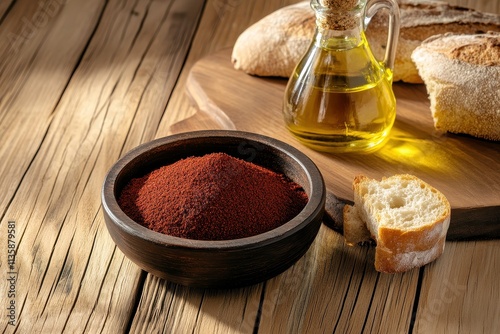 Close-Up of Red Spice Powder in Wooden Bowl with Olive Oil and Fresh Bread on Rustic Wooden Table Background for Culinary and Food Photography photo