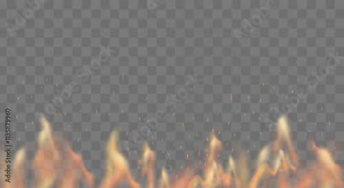 Translucent vector Fire Flames and Sparks effect on transparent background. Fire background, Sparks are. Isolated. Light. Burning realistic fires smoke flying in the air. Burning glowing particles.