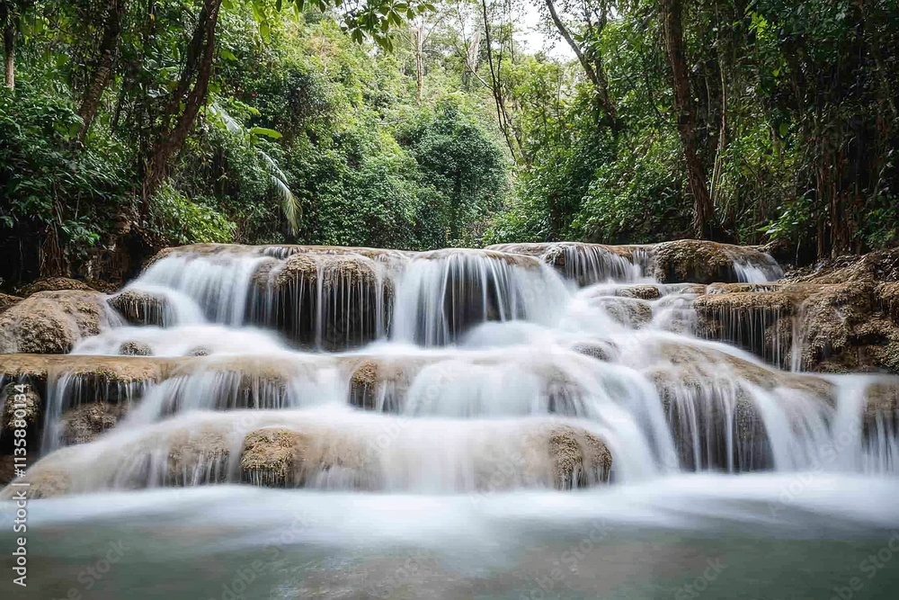 Fototapeta premium waterfall photography session in jungle setting with participants experimenting with long exposure to capture flow