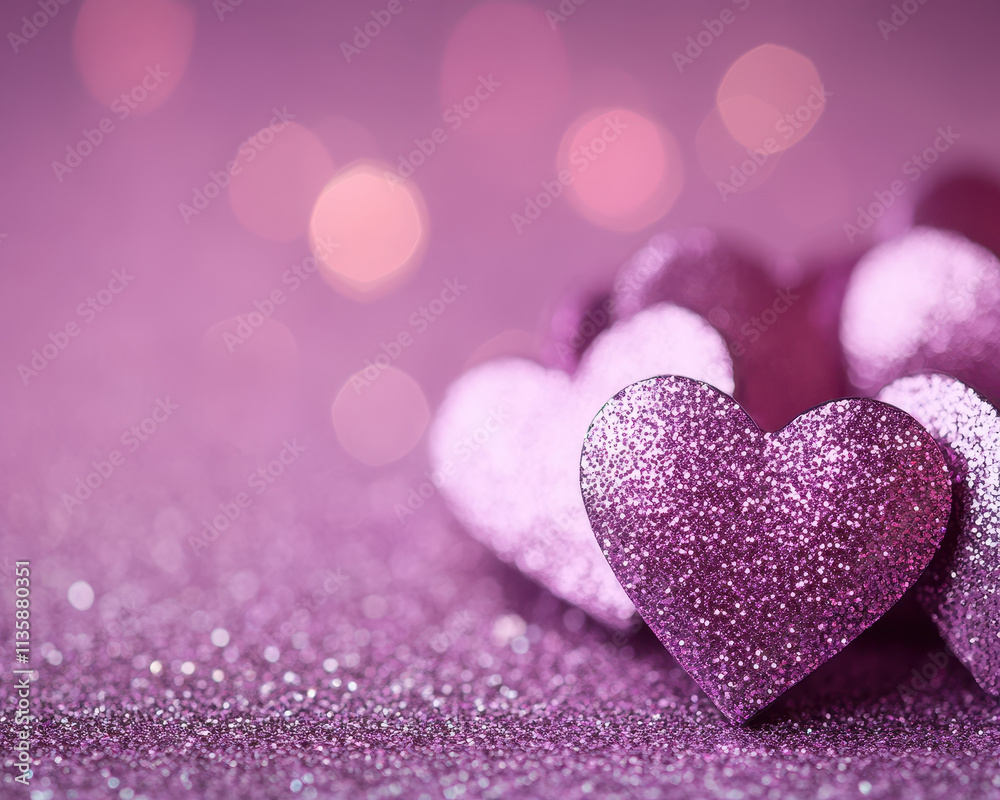 Obraz premium Glittering pink hearts create magical and romantic atmosphere, perfect for celebrations and special occasions. soft bokeh background enhances enchanting feel
