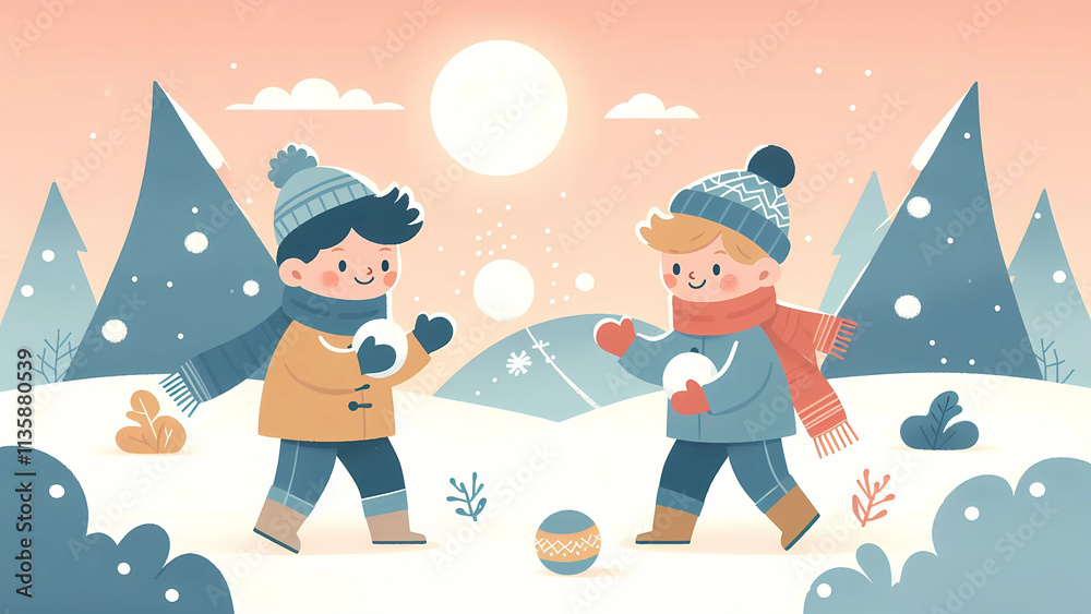 Naklejka premium Two Kids Having Fun with Snowballs in a Peaceful Winter Landscape