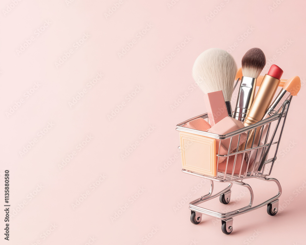 Makeup shopping cart filled with brushes, lipsticks, and cosmetics. Perfect for beauty enthusiasts looking to enhance their collection Makeup shopping cart filled with brushes, lipsticks, and cosmetics. Perfect for beauty enthusiasts looking to enhance their collection
