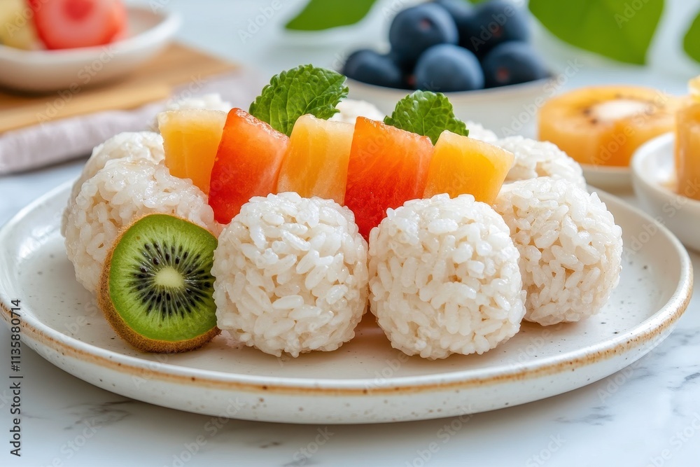 Colorful Fruit and Rice Ball Arrangement on Plate, Showcasing Fresh Fruits like Kiwi, Melon, and Berries for a Refreshing Dessert Platter Colorful Fruit and Rice Ball Arrangement on Plate, Showcasing Fresh Fruits like Kiwi, Melon, and Berries for a Refreshing Dessert Platter
