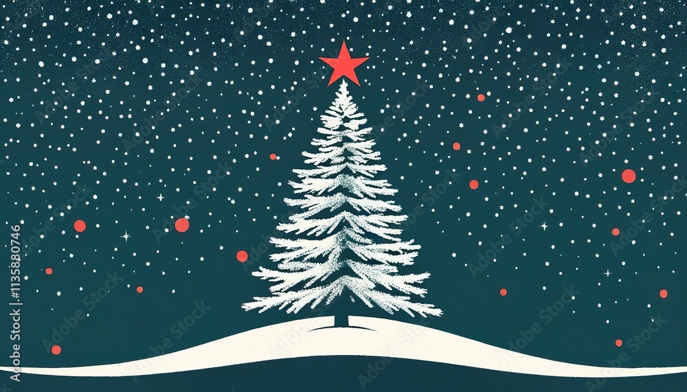 A stylized snow covered Christmas tree adorned with red ornaments stands under a falling snow backdrop. A red star tops the tree in this winter scene A stylized snow covered Christmas tree adorned with red ornaments stands under a falling snow backdrop. A red star tops the tree in this winter scene