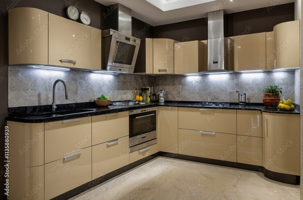 Fototapeta premium Contemporary Modular Beige Kitchen Design With Glossy Finish