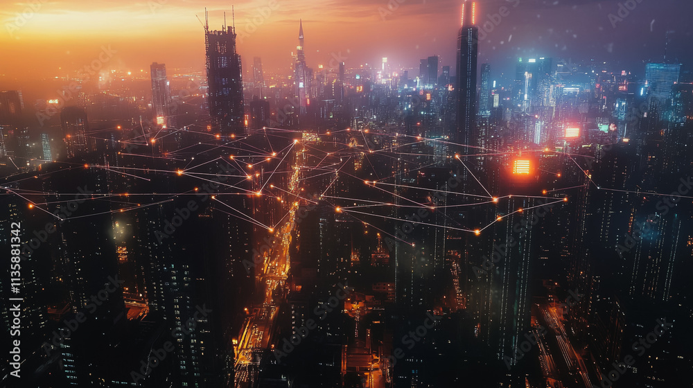 Fototapeta premium Smart digital Innovation city with connection network reciprocity over the cityscape. of future smart wireless digital city and social media networking systems that connects people with in city