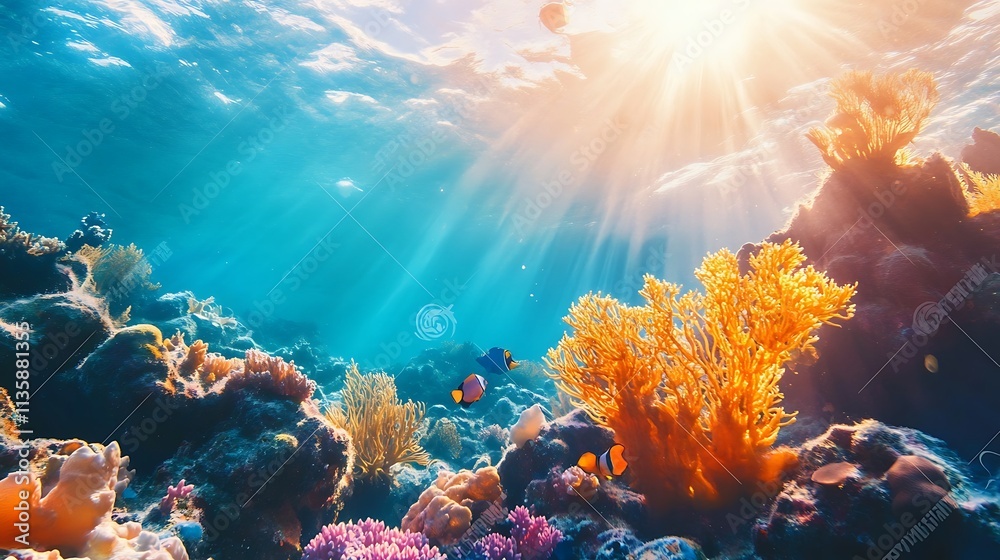 Naklejka premium Vibrant Underwater Coral Reef Sunlight. Concept of marine life, ocean beauty, and underwater world.