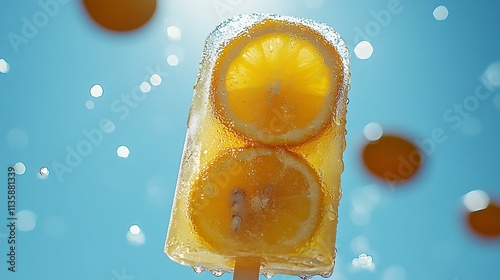 A single citrus splash popsicle held aloft against a clear blue sky, sunlight catching the embedded citrus slices, condensation droplets forming on the surface, bright and cheerful summer tones, photo