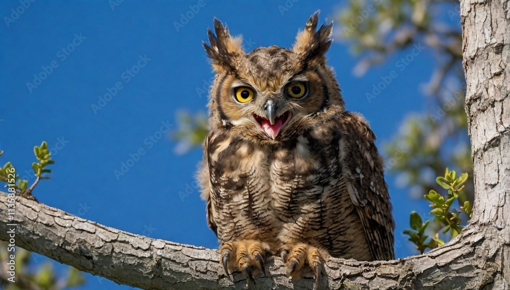 Wild Baby fledgling Great horned owl - Bubo virginianus - looking with mouth open standing up in nest in oak tree. Blue sky background. Aka hoot or tiger owl. North central Florida
Wild Baby fledgling Great horned owl - Bubo virginianus - looking with mouth open standing up in nest in oak tree. Blue sky background. Aka hoot or tiger owl. North central Florida