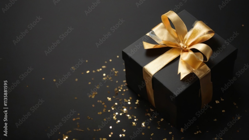 CloseUp of Elegant Black Gift Box with Golden Ribbon and Sparkling Confetti on Black Background CloseUp of Elegant Black Gift Box with Golden Ribbon and Sparkling Confetti on Black Background
