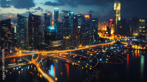 Wallpaper Mural Smart digital Innovation city with connection network reciprocity over the cityscape. of future smart wireless digital city and social media networking systems that connects people with in city Torontodigital.ca