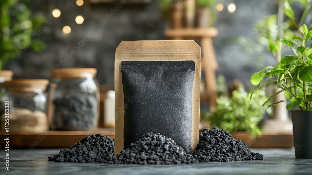 Black activated carbon in a stand-up pouch, on a table with two piles of carbon granules in front, a small potted plant, and a blurred background of additional jars. Black activated carbon in a stand-up pouch, on a table with two piles of carbon granules in front, a small potted plant, and a blurred background of additional jars.