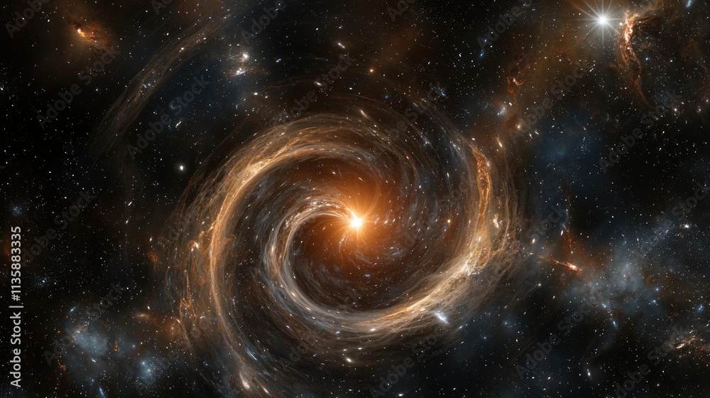 A black hole in deep space, warping the stars and galaxies nearby, creating a distorted visual effect A black hole in deep space, warping the stars and galaxies nearby, creating a distorted visual effect