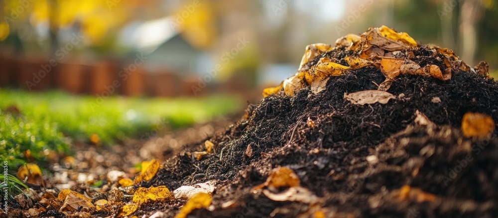 A pile of compost in a garden with fallen leaves and grass in the background. A pile of compost in a garden with fallen leaves and grass in the background.