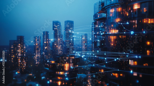 Wallpaper Mural Smart digital Innovation city with connection network reciprocity over the cityscape. of future smart wireless digital city and social media networking systems that connects people with in city Torontodigital.ca