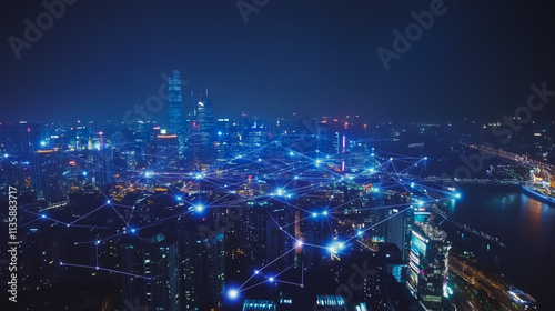 Wallpaper Mural Smart digital Innovation city with connection network reciprocity over the cityscape. of future smart wireless digital city and social media networking systems that connects people with in city Torontodigital.ca