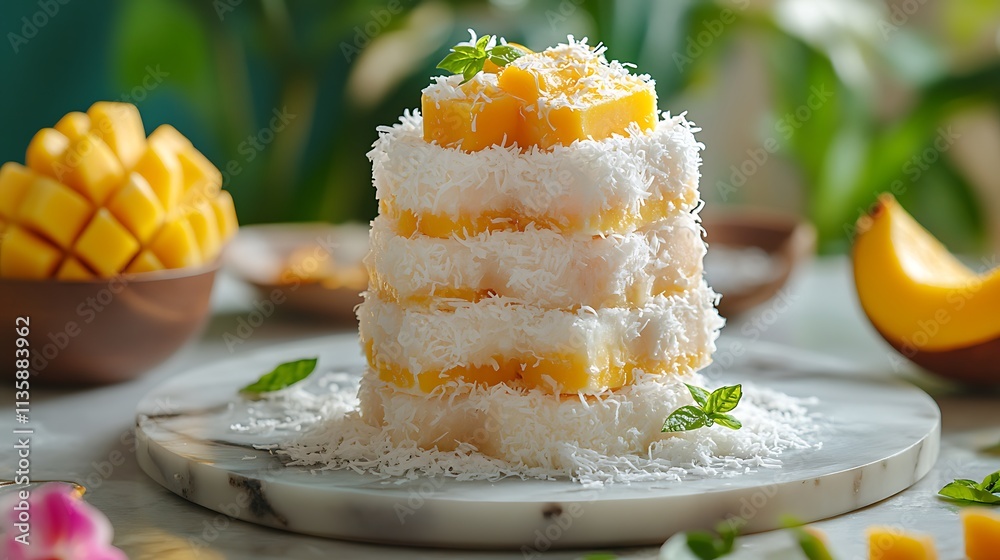 A stack of tropical paradise popsicles displayed on a marble slab, topped with shredded coconut and mango slices, with vibrant tropical decor in the background, bright and airy lighting, hd quality, A stack of tropical paradise popsicles displayed on a marble slab, topped with shredded coconut and mango slices, with vibrant tropical decor in the background, bright and airy lighting, hd quality,