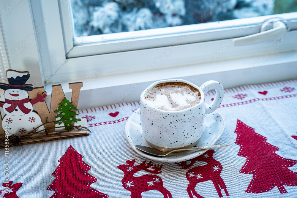 Close up of Hot coffee latte with latte art milk foam in cup mug with Xmas decors and Xmas tree baubles on wood desk Celebrating Merry Christmas and New year,Merry x-mas