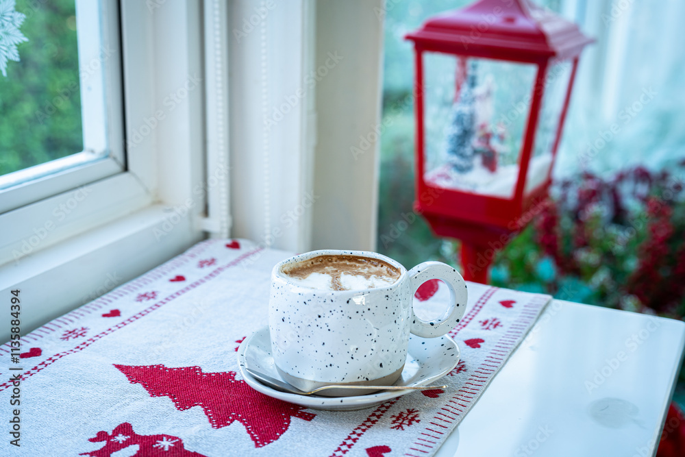 Close up of Hot coffee latte with latte art milk foam in cup mug with Xmas decors and Xmas tree baubles on wood desk Celebrating Merry Christmas and New year,Merry x-mas