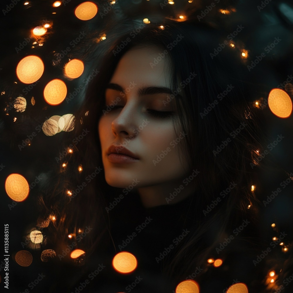 woman with eyes closed in bokeh lights woman with eyes closed in bokeh lights