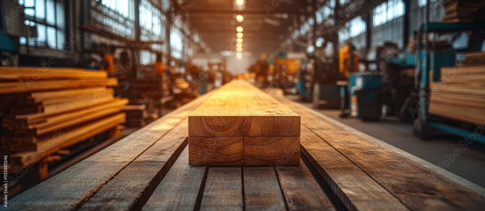 Close-up of a wooden plank in a factory setting with blurred background. Close-up of a wooden plank in a factory setting with blurred background.