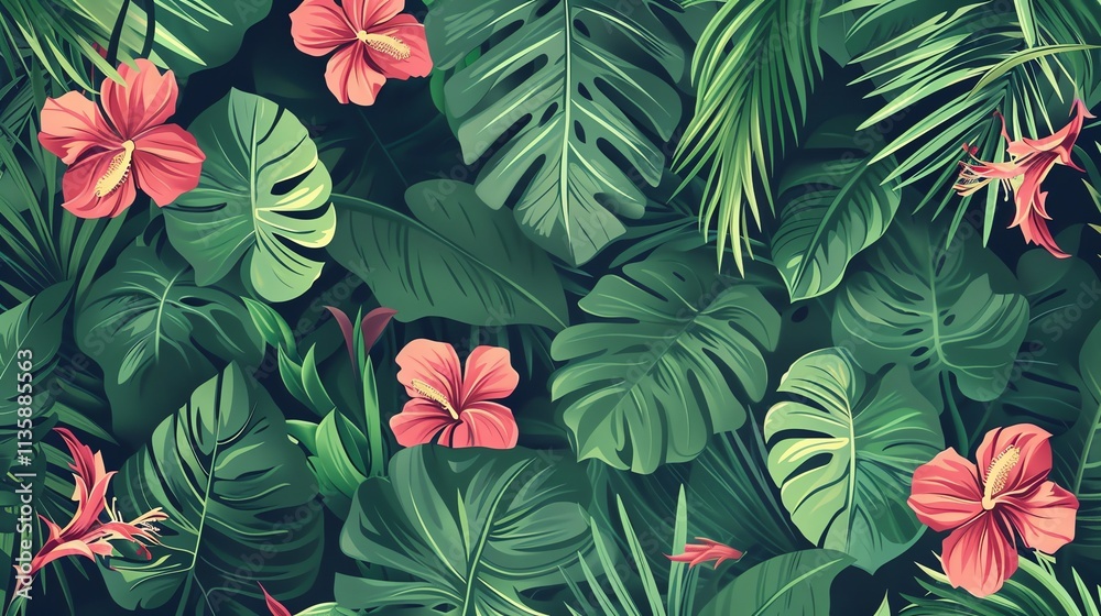 Fototapeta premium A tropical background with lush green leaves and pink flowers.