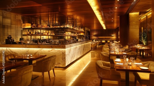 Contemporary cafe interior with a central marble bar, wooden dining tables in neat rows, and velvet designer chairs. Ambient lighting adds sophistication.