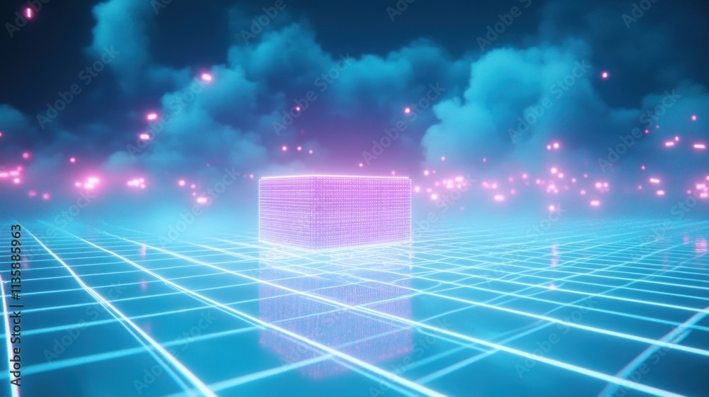 Fototapeta premium Illuminated Cube on Retro Grid Landscape