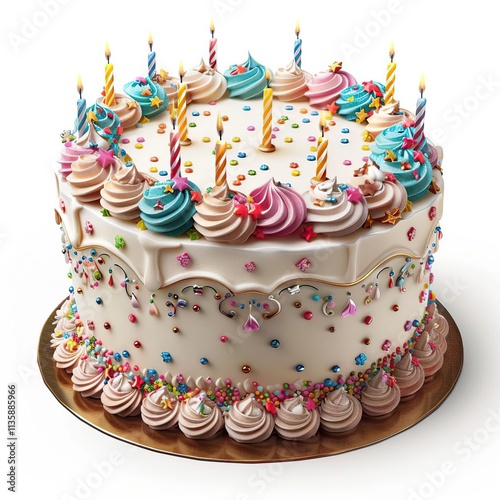 arafly decorated birthday cake with candles and sprinkles on a plate photo