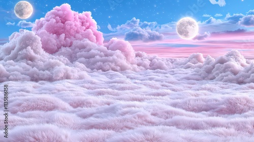Dreamy Pink Cloudscape  Surreal Sky  Fluffy Clouds  Moons  Stars  Fantasy Landscape