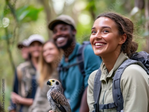 group of hikers with a bird on a forest trail photo