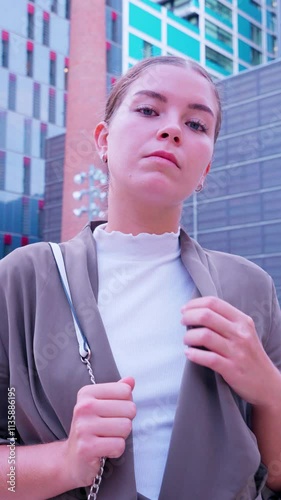 Confident young woman posing in urban environment photo