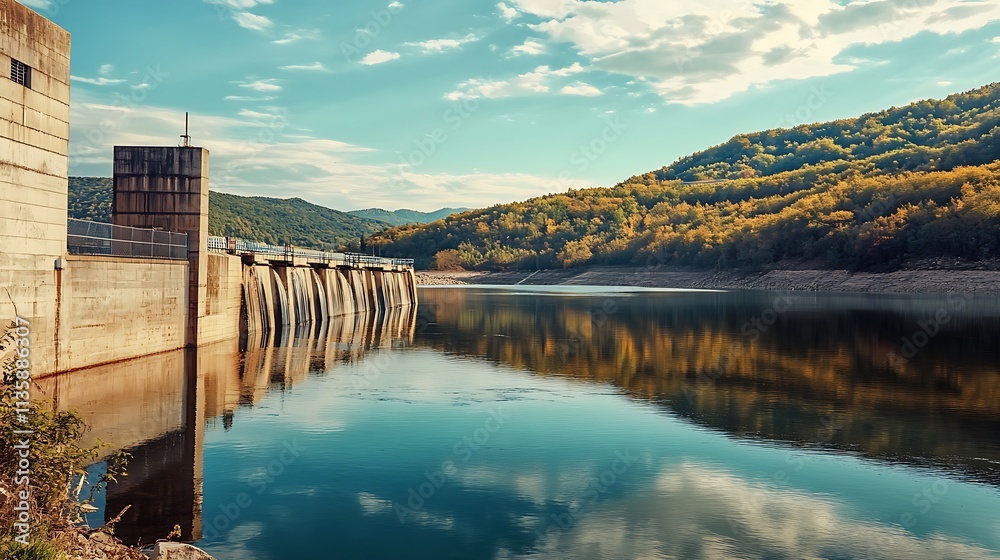 custom made wallpaper toronto digitalDam and reservoir with reflection of clouds. Concept of hydroelectric power, nature, and landscape.