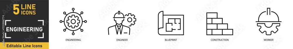 Engineering line icon set. Set of 5 outline icons related to engineering, engineer, blueprint, construction, worker and more. Vector illustration. Engineering line icon set. Set of 5 outline icons related to engineering, engineer, blueprint, construction, worker and more. Vector illustration.