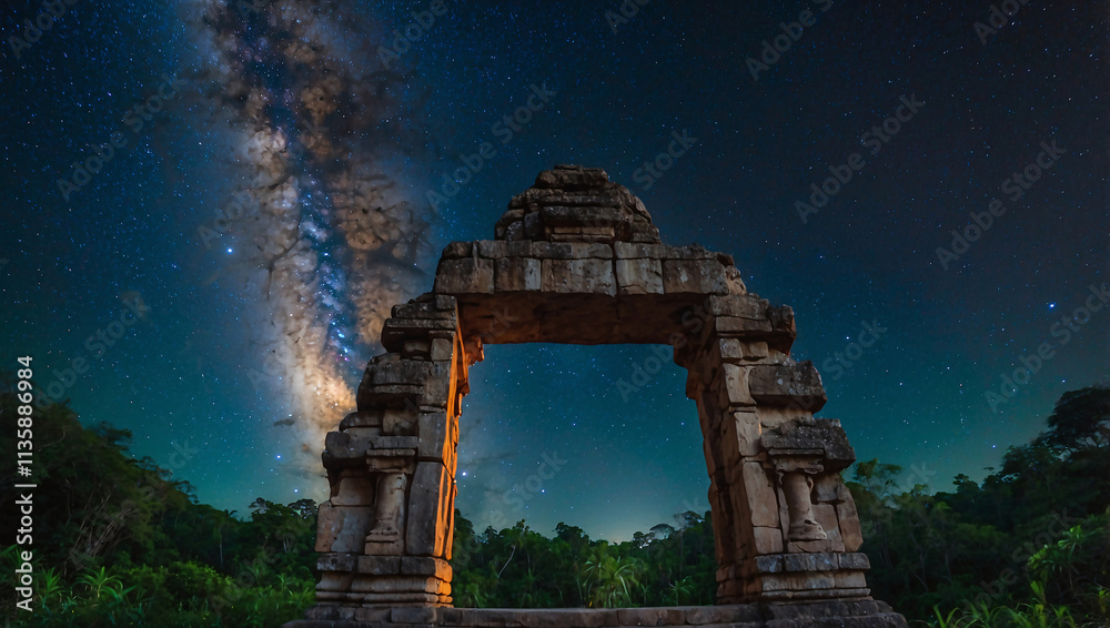 Milky Way Above Ancient Stone Temple in Jungle, background Milky Way Above Ancient Stone Temple in Jungle, background