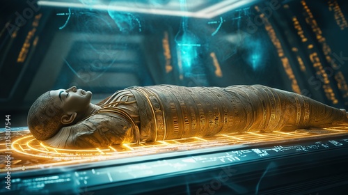 Ancient Egyptian Mummy in Futuristic Lab Setting: A Digital Artwork of a Pharaohs Tomb