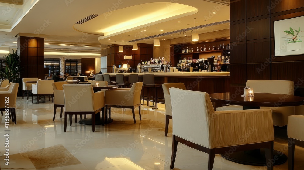 Luxurious cafe interior with a sleek central bar island, neatly arranged tables, and high-back designer chairs in neutral shades. Modern lighting completes the look. Luxurious cafe interior with a sleek central bar island, neatly arranged tables, and high-back designer chairs in neutral shades. Modern lighting completes the look.