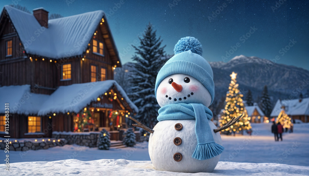 Naklejka premium Beautiful winter background of snow and blurred forest in background, Gently falling snow flakes against blue sky, free space for your decoration. for your decorations. Wide panorama format.