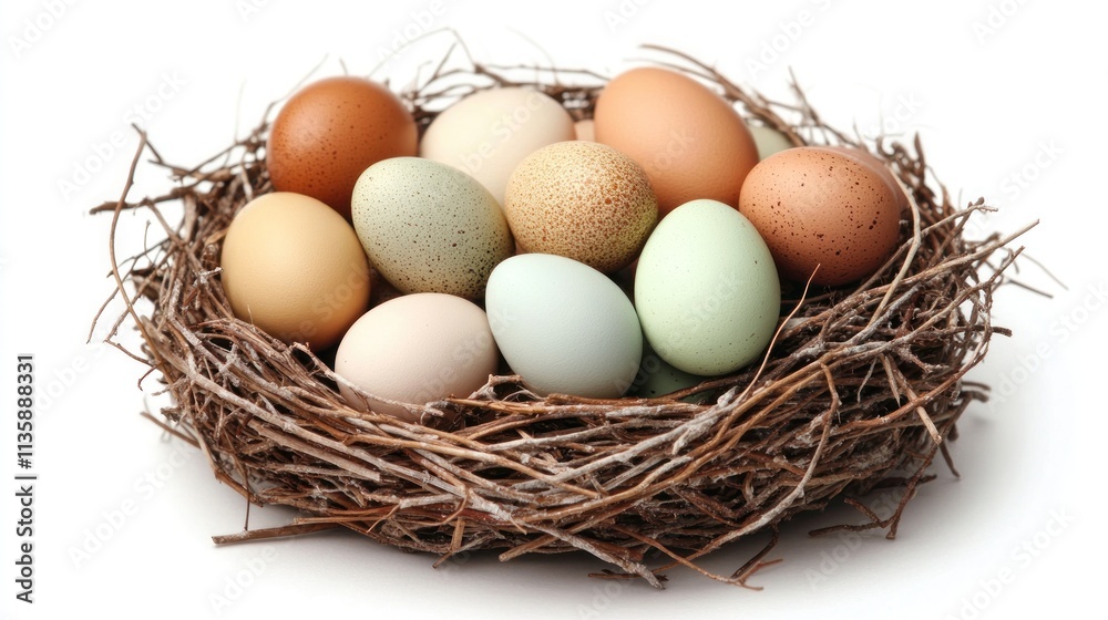Colorful eggs in a bird's nest isolated on white. Colorful eggs in a bird's nest isolated on white.