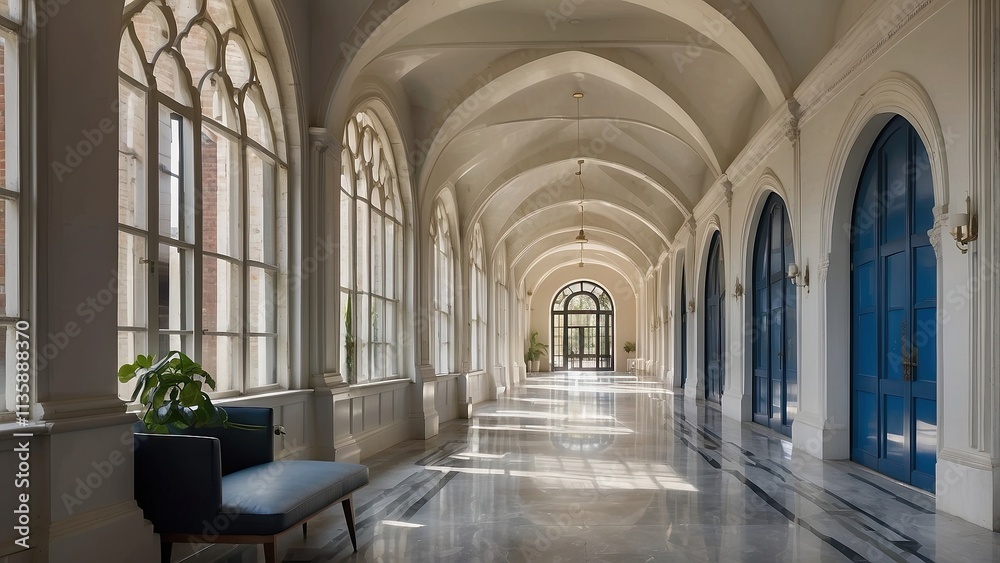 A modern, expansive corridor with arched ceilings and blue accents, bathed by natural light from large windows. A modern, expansive corridor with arched ceilings and blue accents, bathed by natural light from large windows.