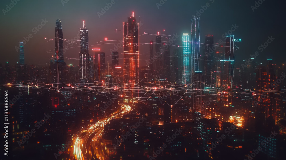 Fototapeta premium Smart digital Innovation city with connection network reciprocity over the cityscape. of future smart wireless digital city and social media networking systems that connects people with in city