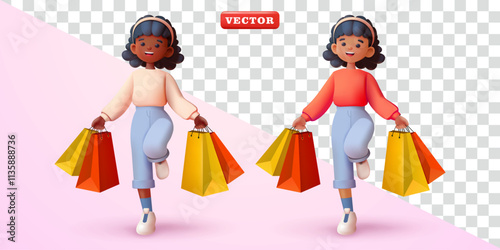 Woman carrying shopping bags happily. 3d vector suitable for, promotion, advertising and design element