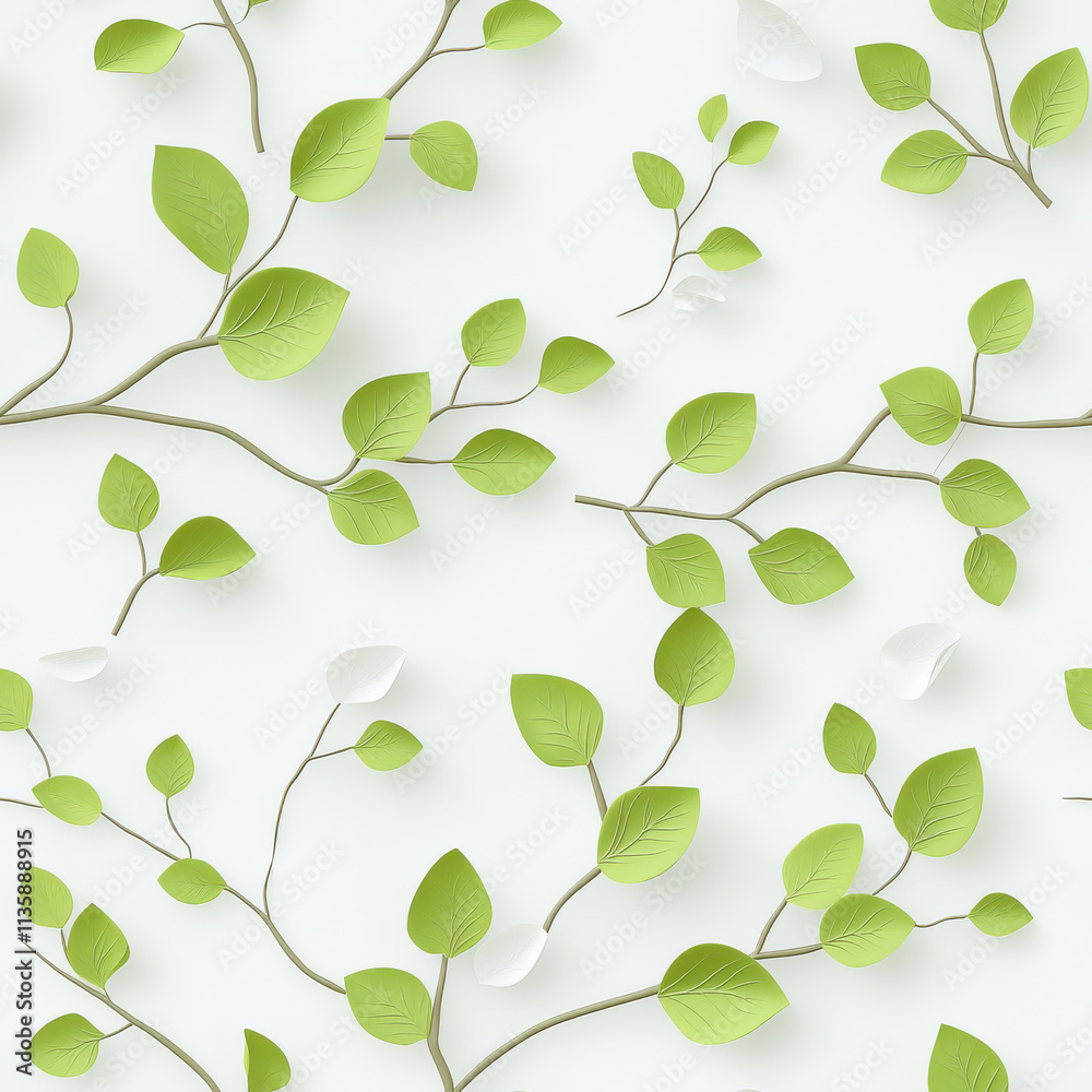 Fresh green leaves on branches create vibrant seamless pattern, perfect for nature inspired designs. This lively composition brings sense of tranquility and harmony Fresh green leaves on branches create vibrant seamless pattern, perfect for nature inspired designs. This lively composition brings sense of tranquility and harmony