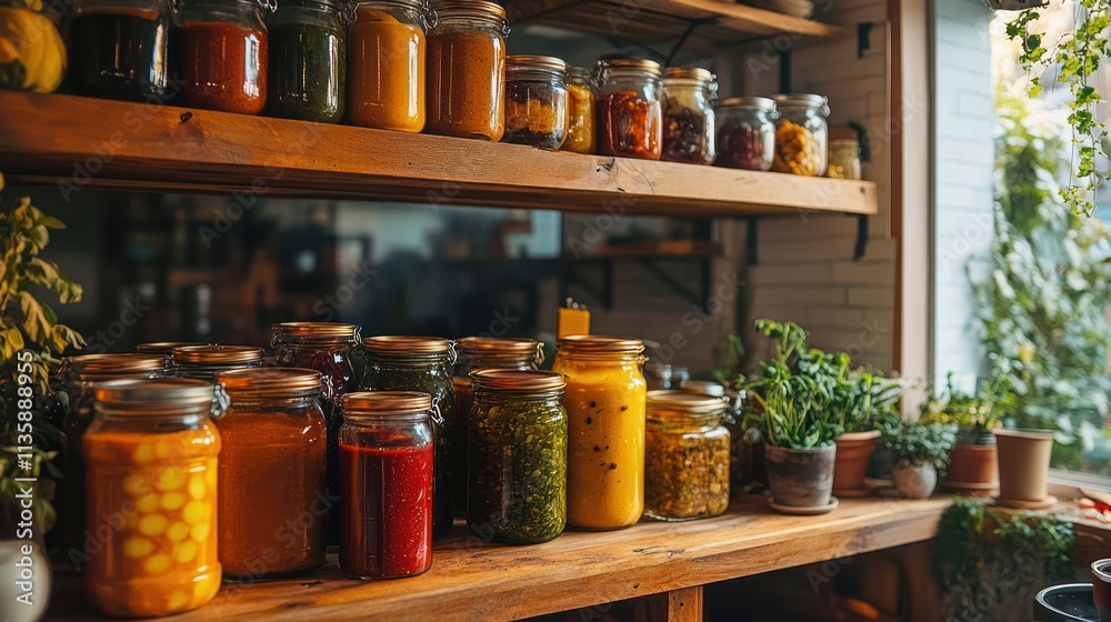 A wooden shelf filled with jars of preserved fruits and vegetables, showcasing a healthy and sustainable lifestyle. A wooden shelf filled with jars of preserved fruits and vegetables, showcasing a healthy and sustainable lifestyle.