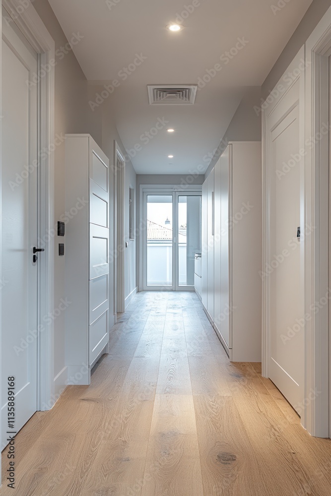 Obraz premium Bright hallway with white doors, light wood floors, and recessed lighting.